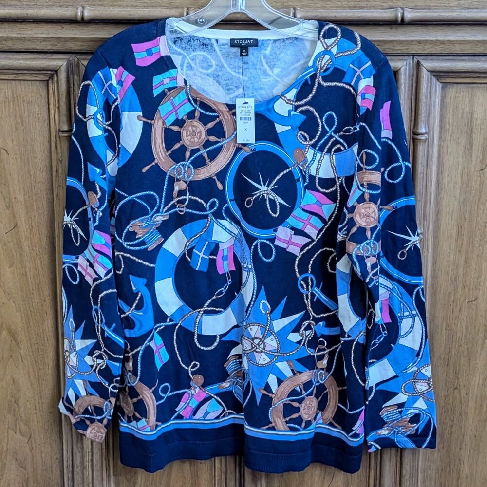 NWT Talbots Nautical Print Knit Cotton Blend X XL 14-16 Size Lightweight Sweater - Picture 6 of 12